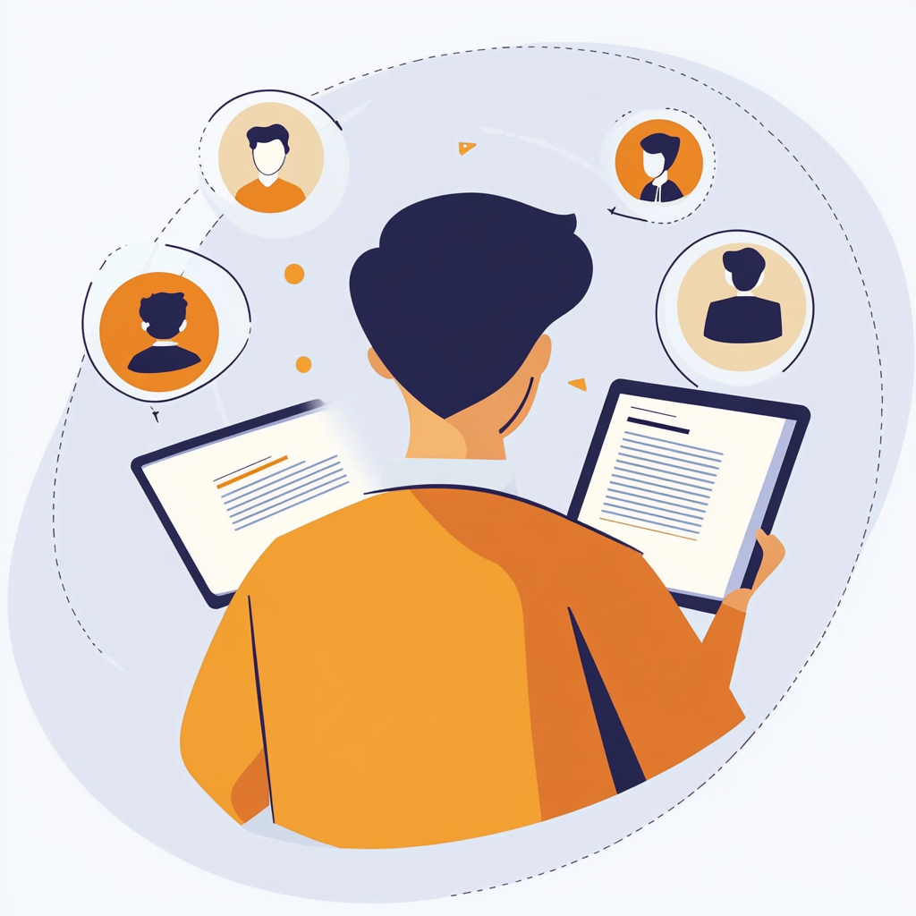 Ilustración de una persona con cabello corto y oscuro, vista desde atrás, sosteniendo dos dispositivos electrónicos y rodeada de iconos de perfiles de personas, simbolizando el auto-descubrimiento y la exploración de la personalidad.