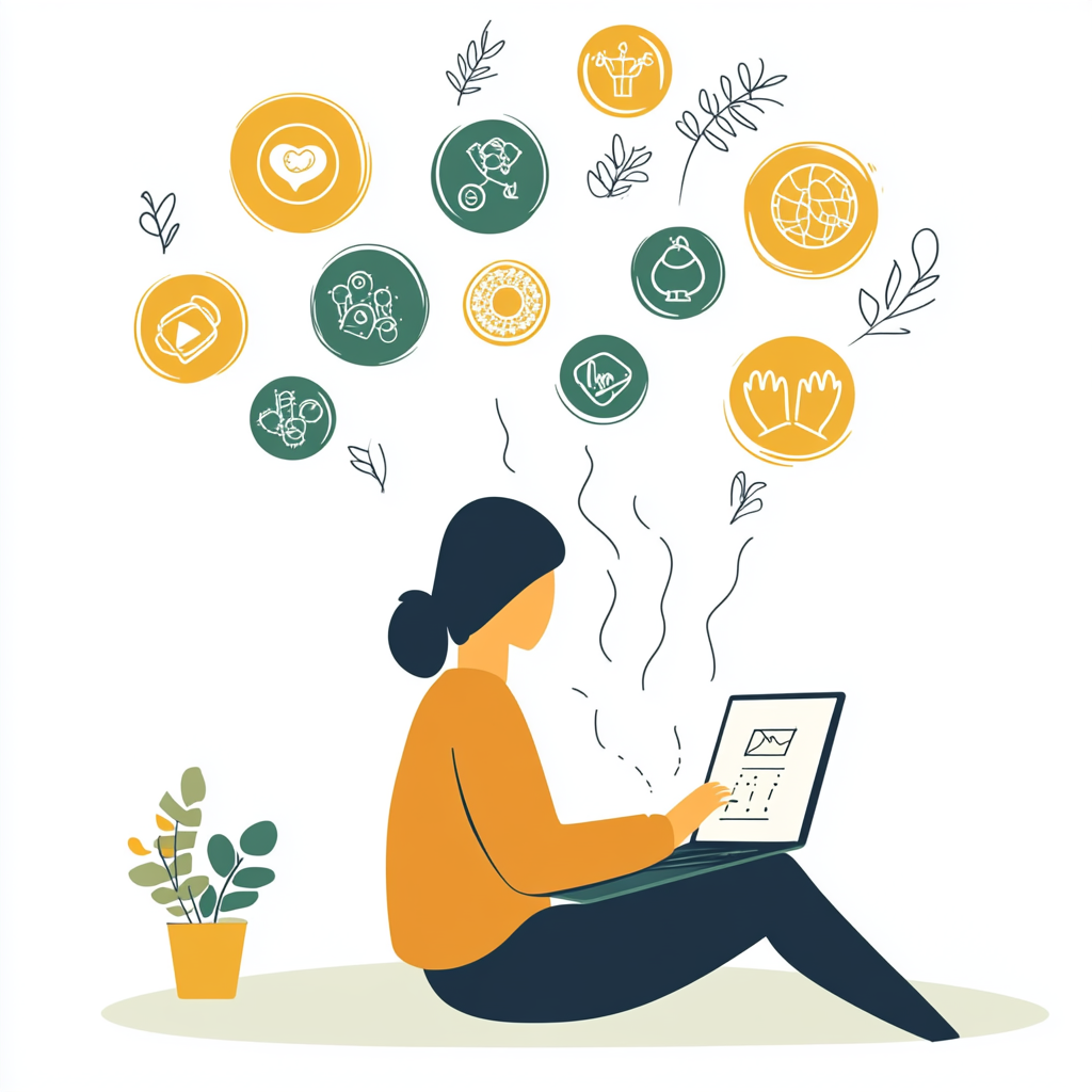 Ilustración de una persona sentada frente a una computadora portátil, reflexionando y rodeada de iconos que representan diferentes aspectos de la personalidad y el autoconocimiento.